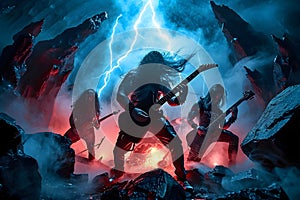 hellish heavy metal rock musicians band with electric guitars in a rock world