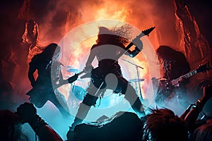 hellish heavy metal rock musicians band with electric guitars in a rock world photo