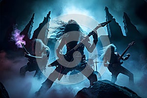 hellish heavy metal rock musicians band with electric guitars in a rock world photo