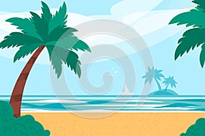 Helllo Summer. Summer Vacation On Sea Beach Landscape with Palms and Island. Beautiful Seascape Banner Seaside Summer