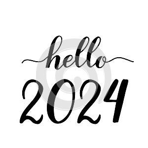 Hello 2024 handwritten with brush. Calligraphy lettering for New Year isolated on white. Holidays typography poster