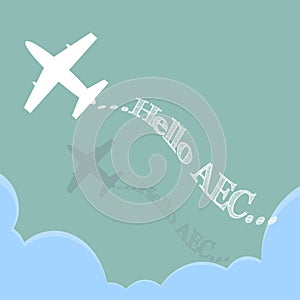 Hello AEC by Plane over the cloud, illustration vector in flat design