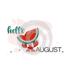 Hello August. Funny crab with ripe watermelon.