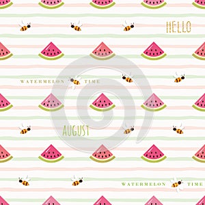 Hello august seamless pattern with watermelon pieces and flying bees.