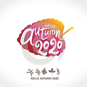 Hello Autumn 2020. Seasonal poster. Calligraphy on the background of a yellow brown autumn leaf.