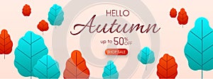 Hello autumn 50% sale. Promo banner with colorful leaves.