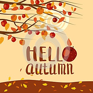 Hello Autumn apple tree branches foliage landscape fruit harvest season lettering in trend style flat cartoon