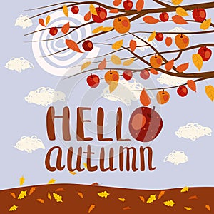 Hello Autumn apple tree branches foliage landscape fruit harvest season lettering in trend style flat cartoon