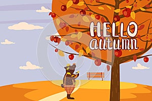 Hello Autumn apple tree Cute bear in pants with apple landscape fruit harvest season lettering in trend style flat