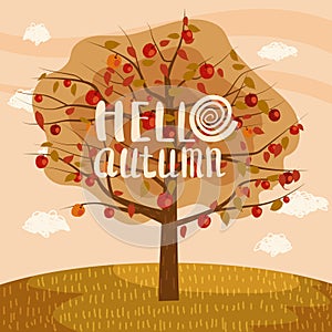 Hello Autumn apple tree landscape fruit harvest season lettering in trend style flat cartoon panorama horizon