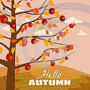 Hello Autumn apple tree landscape fruit harvest season in trend style flat cartoon panorama horizon. Illustration vector