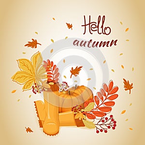 Hello autumn. Autumn leaves, branch with rowan berries in rubber boots. Banner, postcard, poster