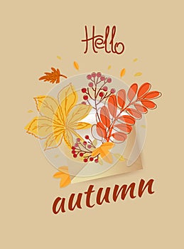 Hello autumn. Autumn leaves, branch with rowan berry in envelope.