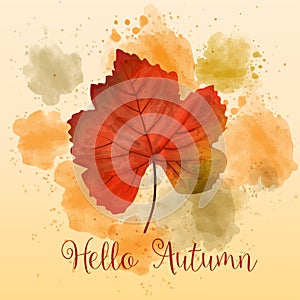 `Hello Autumn`, autumn watercolor background with beautiful leaf.
