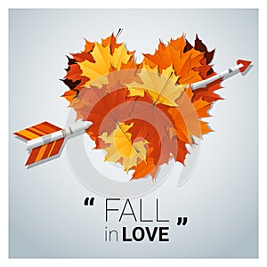 Hello autumn background with heart shape leaves and arrow
