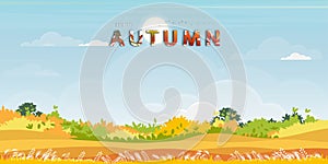 Hello Autumn background with Natural forest landscape with lawn grass field and hills,Vector nature with a meadow on hills and