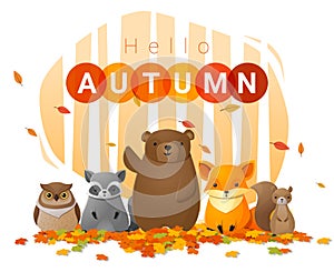 Hello autumn background with wild animals