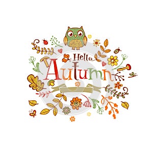 Hello Autumn banner in doodle style