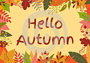 Hello Autumn banner. Fall season background with September, October and November leaves. Vector illustration.