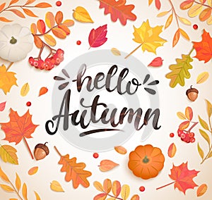 Hello Autumn banner in frame of autumn leaves.