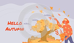 Hello autumn banner with girl walking in park, flat vector illustration.