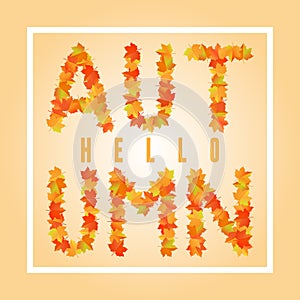 Hello autumn banner. Lettering with maple leaves.