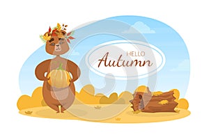 Hello Autumn Banner Template, Cute Brown Bear in Wreath of Colorful Leaves Standing with Pumpkin on Autumn Landscape