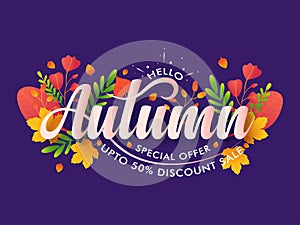 Hello autumn calligraphy colored text, Illustration of colorful maple fall leaves on purple background