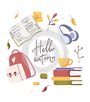 Hello autumn card, contemporary art. Seasonal objects collection, hand drawn boho elements set. Modern vector flat