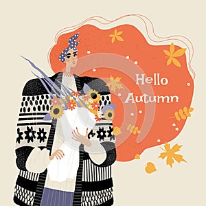 Hello autumn card with a cute girl with a bouquet of autumn flowers and leaves