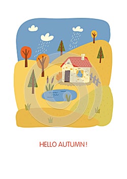 Hello autumn card design. Winter landscape.