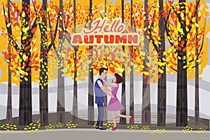 Hello autumn color illustration. Happy couple meeting and walking in park postcard design. Open air outdoor walk. Early