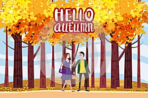 Hello autumn color illustration. Happy couple walking in park postcard design. Open air outdoor walk. Early fall