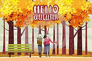 Hello autumn color illustration. Happy couple walking in park postcard design. Open air outdoor walk. Early fall