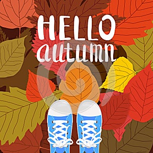 Hello autumn color illustration. Person feet standing in sneakers on yellow, red, green fallen leaves. Hand drawn