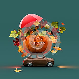 Hello Autumn. Cute brown car with pumpkin and autumn symbols on green background.
