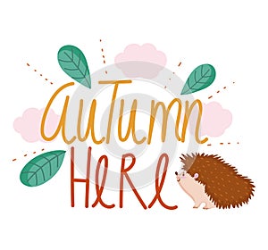 Hello autumn cute hedgehog animal leaves clouds decoration banner