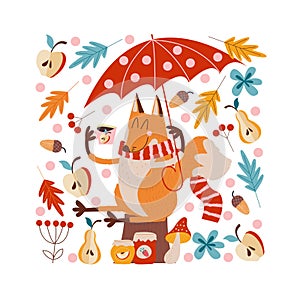 Hello, autumn. Cute red Fox with an umbrella drinking tea