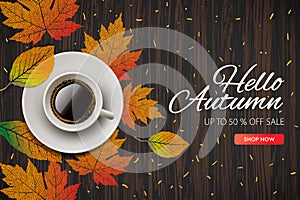 Hello Autumn. Fall season Sale and discounts banner, vector illustration. Autumn, fall leaves, hot steaming cup of