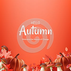 Hello Autumn. Featuring realistic illustrations of leaves, pumpkins, mushrooms, acorns, chestnut, it's perfect for creatin