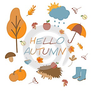 Hello autumn, flat set autumn elements, colored leaves, pumpkin, tea cup,