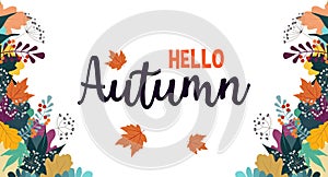 Hello Autumn Flat style Vector illustration with hand drawn leaves