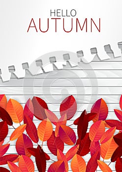 Hello autumn flyer or brochure template with red and orange leaves on white board background and a torn out sheet of note pad pape