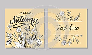 Hello, Autumn. Goodbye, Summer. The trend calligraphy. Vector illustration on the background of autumn leaves. Concept