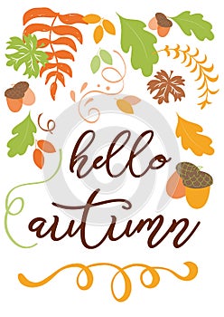 Hello autumn hand written inscription orange hand drawn fall leaf