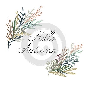 Hello Autumn handwritten text. Autumn greeting card, postcard, poster, banner template with autumn leaves. Vector