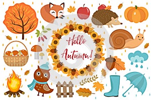 Hello Autumn icons set flat or cartoon style.Collection design elements with leaves, trees, mushrooms, pumpkin, wild