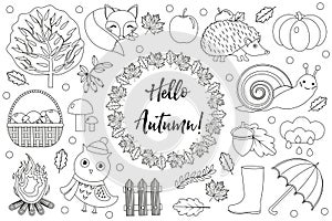 Hello Autumn icons set sketch, hand drawing, doodle style.Collection design elements with leaves, trees, mushrooms