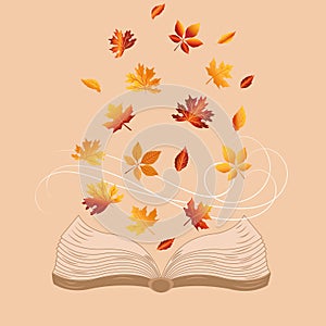 Hello autumn illustration. Autumn fall concept with book, wind and leaves. Typography design. Stock vector