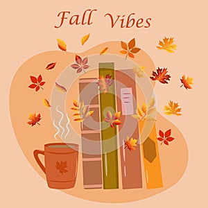 Hello autumn illustration. Autumn fall concept with books, leaves, coffee cup and quote - Fall vibes. Typography design